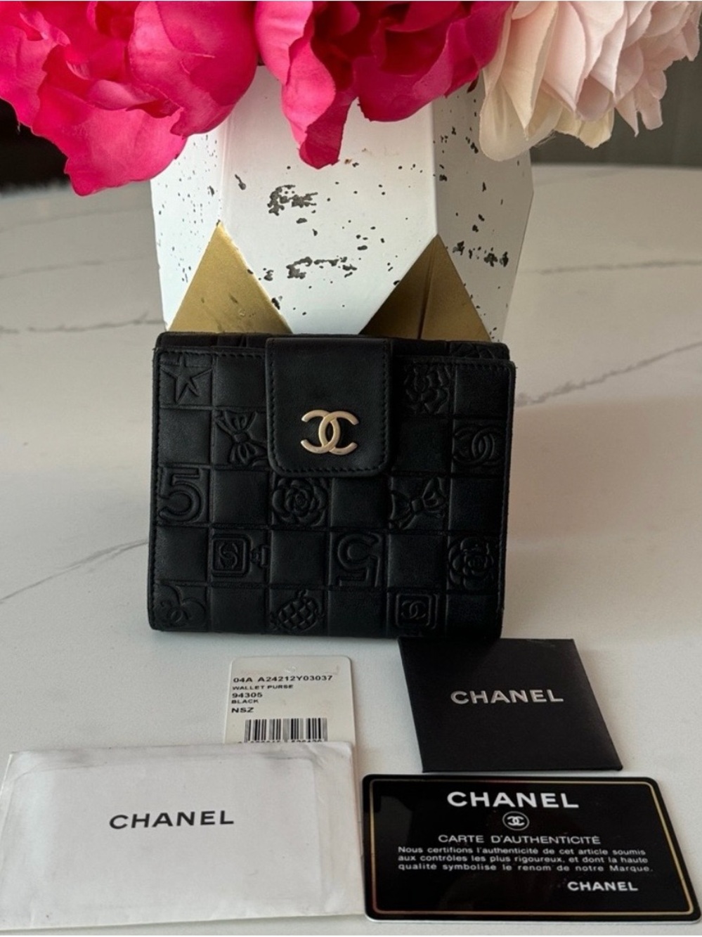 CHANEL Black Quilted Embossed Leather Small Wallet with Gold CC Snap